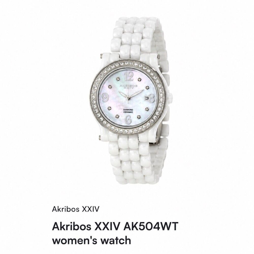 Akribos XXIV Diamond Ceramic Watch White Silver Analog Mother of Peal Opal AK504